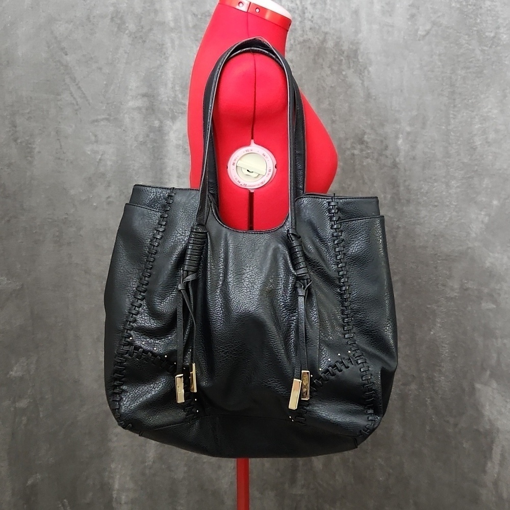 Black Faux Leather Whipstitch Tote Bag Oversized Shoulder Handbag Tassel - Picture 2 of 12